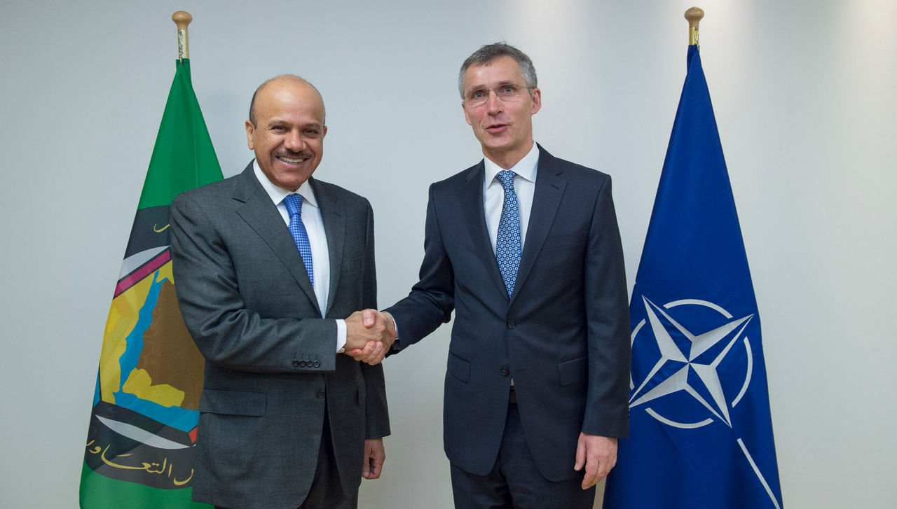 NATO Secretary General Jens Stoltenberg and the Secretary General of the Gulf Cooperation Council, Abdul Latif Bin Rashid Al Zayani
