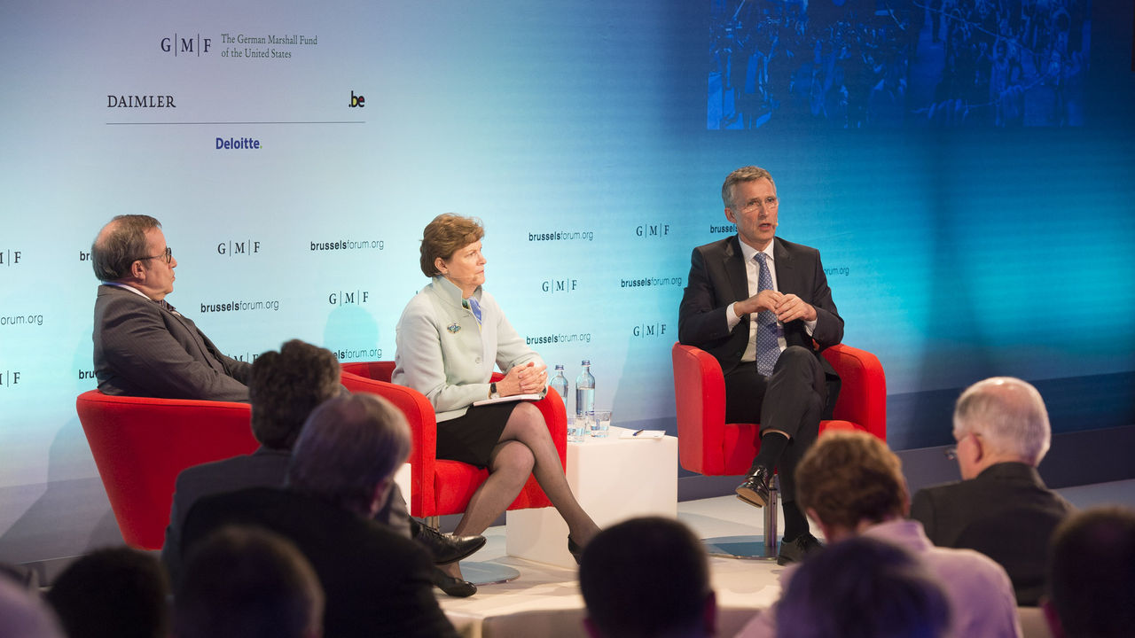 Toomas Hendrik Ilves (President, Estonia), Jeanne Shaheen (Member, U.S. Senate) and NATO Secretary General Jens Stoltenberg