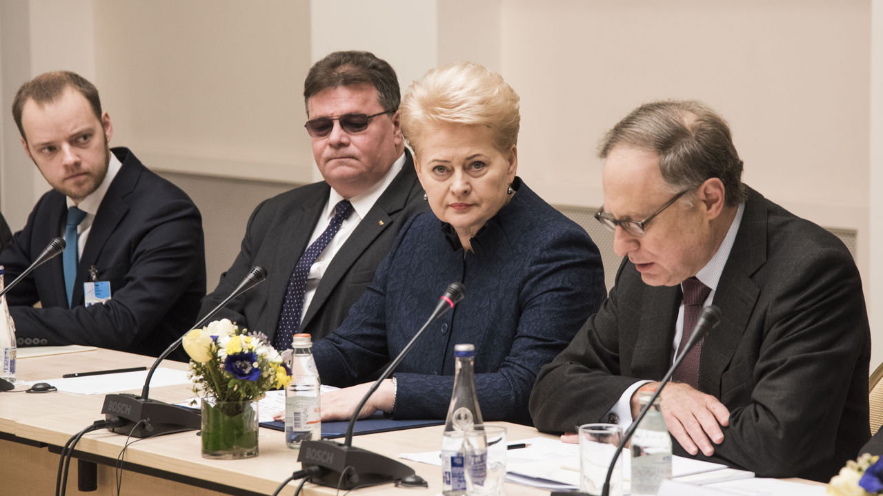 The Minister of Foreign Affairs of Lithuania, Linas Linkevicius with the President of Lithuania, Dalia Grybauskaite and NATO Deputy Secretary General Alexander Vershbow at the meeting of the North Atlantic Council