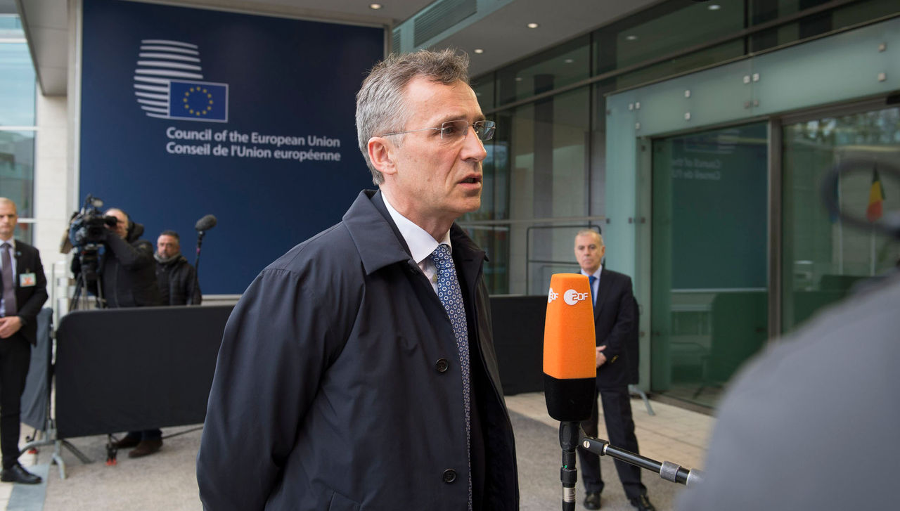 NATO Secretary General Jens Stoltenberg delivers a doorstep statement upon his arrival at the European Foreign Affairs Council in Luxembourg