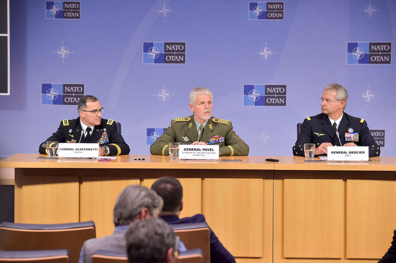Joint Press Conference
Left to right: General Curtis M. Scaparrotti (Supreme Allied Commander Europe) with General Petr Pavel (Chairman of the NATO Military Committee) and General Denis Mercier (Supreme Allied Commander Transformation)
