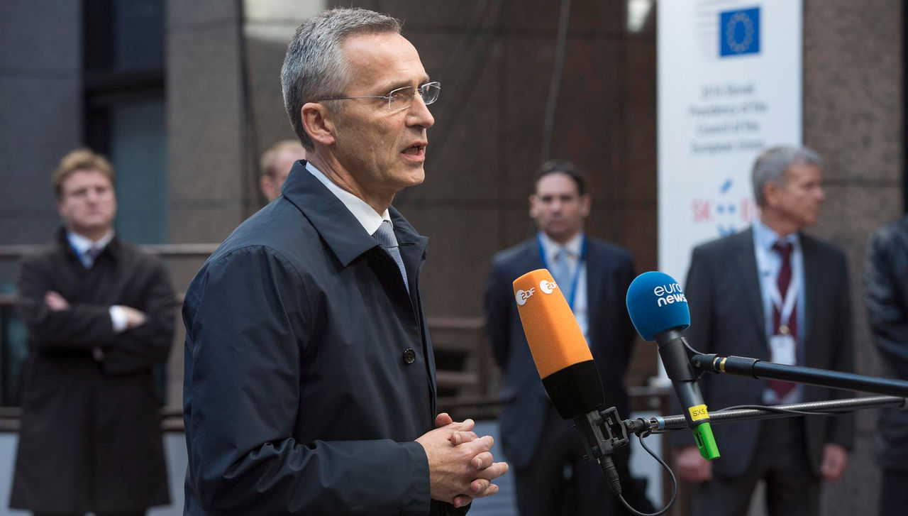 NATO Secretary General Jens Stoltenberg speaking to the media before participating in the European Council on Security and Defence