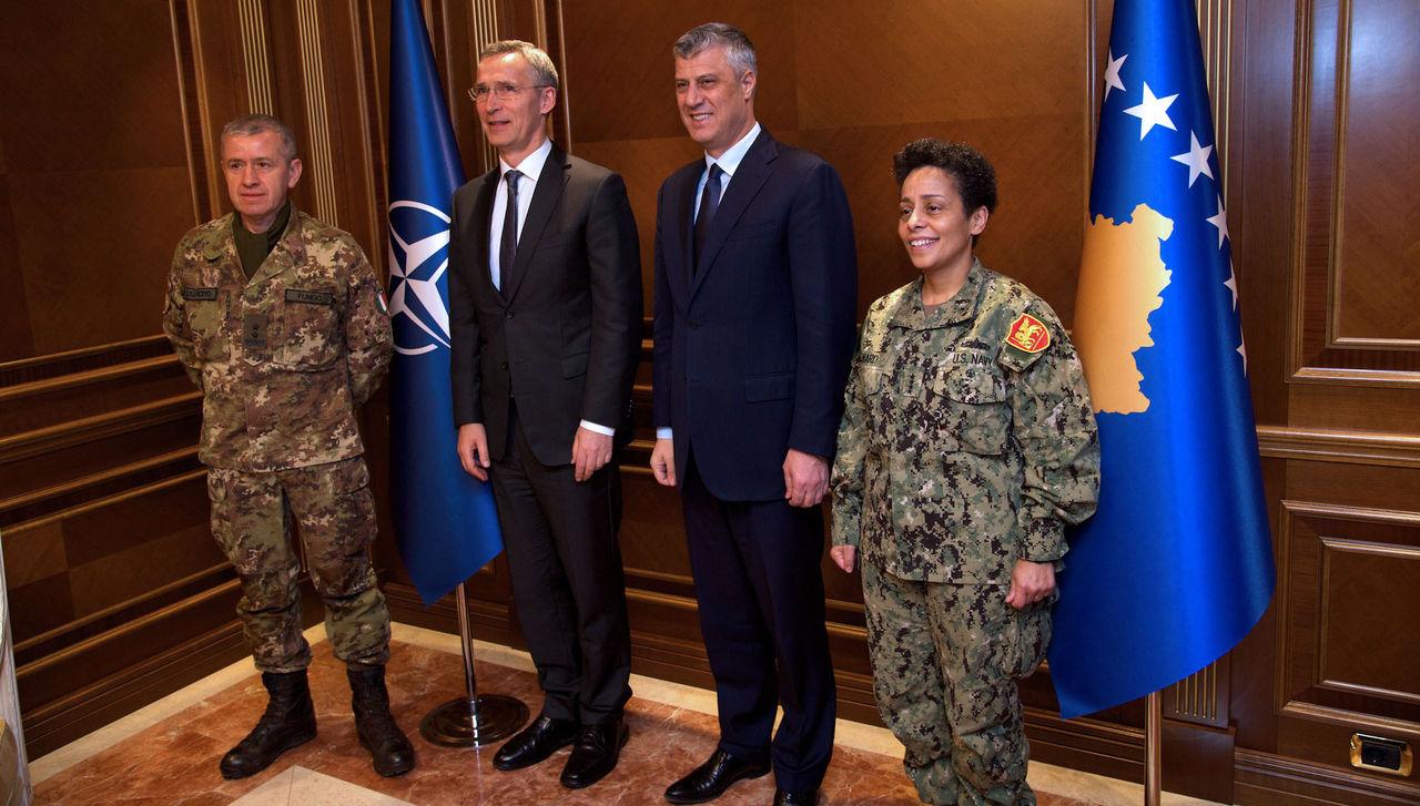 Major General Giovanni Fungo, Commander KFOR; NATO Secretary General Jens Stoltenberg;  President Hashim Thaci of Kosovo and Admiral Michelle Howard, Commander Allied Joint Force Command Naples