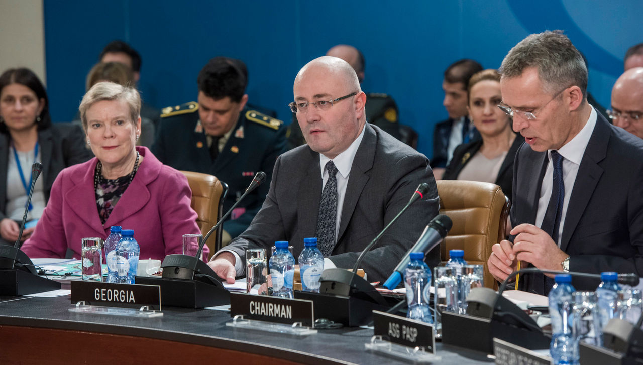 Left to right: NATO Deputy Secretary General Rose Gottemoeller with Levan Izoria (Minister of Defence, Georgia) and NATO Secretary General Jens Stoltenberg
