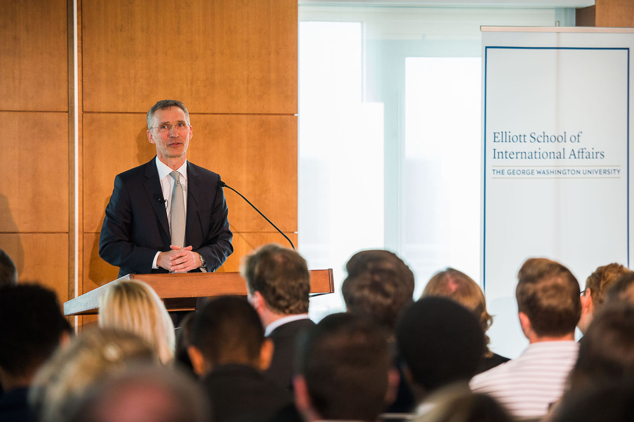 NATO Secretary General Jens Stoltenberg giving his speech at the Elliott School of International Affairs, The George Washington University