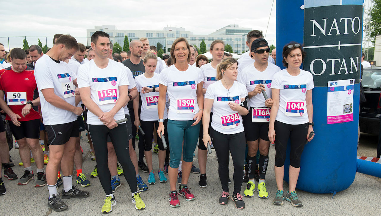 Three of the organisers at starting line – Marriet Schuurman, former NATO Secretary General's Special Representative for Women, Peace and Security; Tara Nordick, Diversity Officer of the International Staff's Human Resources; and Anne Rosner, originator of the solidarity run