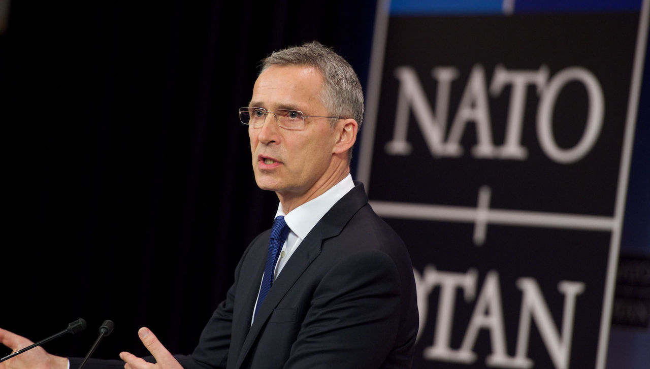 NATO Secretary General Jens Stoltenberg giving a press conference ahead of the Meeting of NATO Heads of State and Government