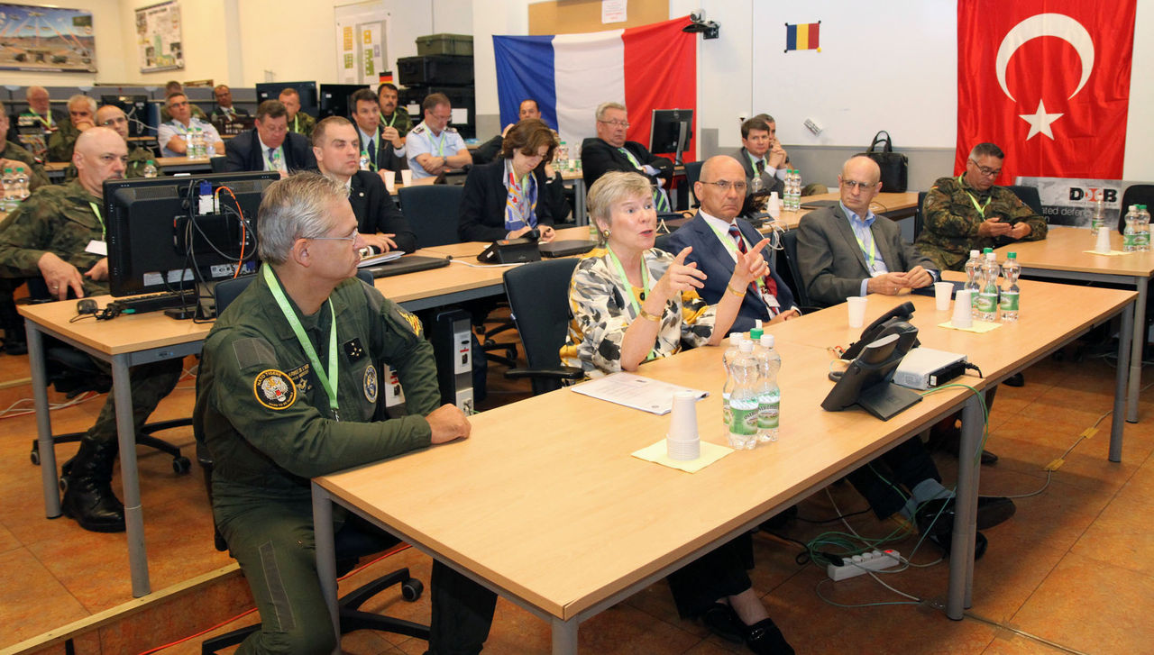 Supreme Allied Commander, Transformation (SACT) General Denis Mercier, NATO Deptuy Secretary General Rose Gottemoeller and members of the North Atlantic Council attend the Coalition Warrior Interoperability Exercise (CWIX) at the Joint Force Training Centre 