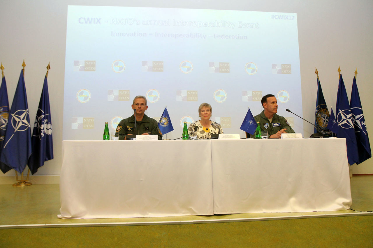 Supreme Allied Commander Transformation, General Denis Mercier with NATO Deputy Secretary General Rose Gottemoeller and Deputy Chairman of the NATO Military Committee, Lieutenant General Steven M. Shepro during the joint press point at the Joint Force Training Centre in Bydgoszcz.