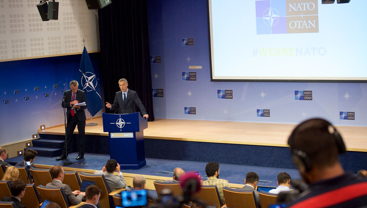 NATO Secretary General Jens Stoltenberg gives press conference ahead of the NATO Defence Ministers' meeting