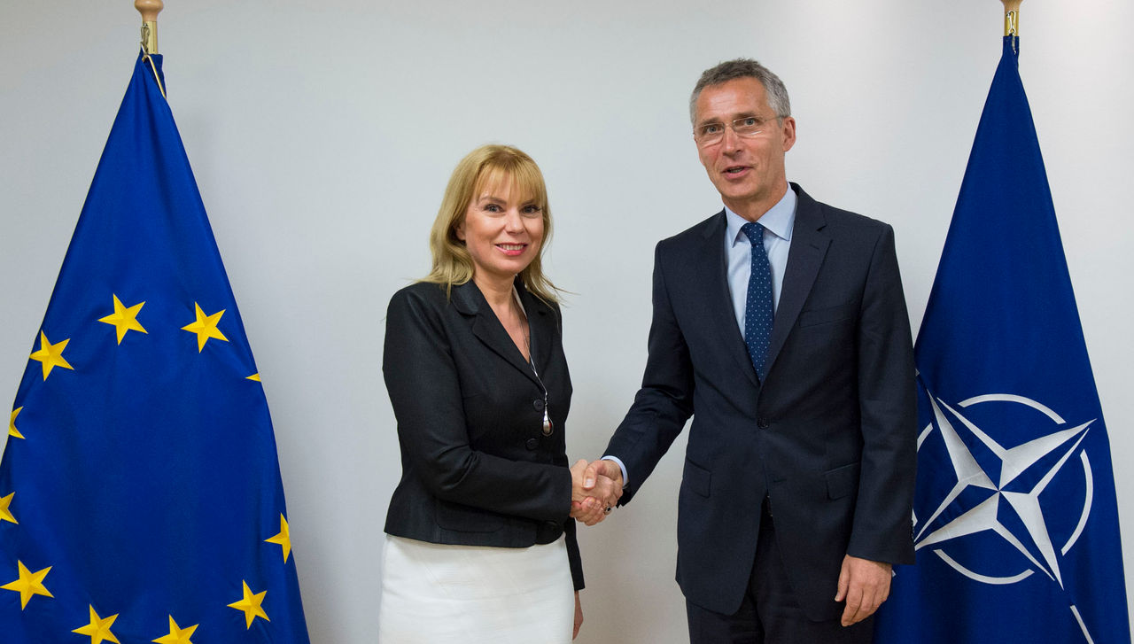 NATO Secretary General Jens Stoltenberg and Elzbieta Bienkowska (EU Commissioner for Internal Market, Industry, Entrepreneurship and SMEs)