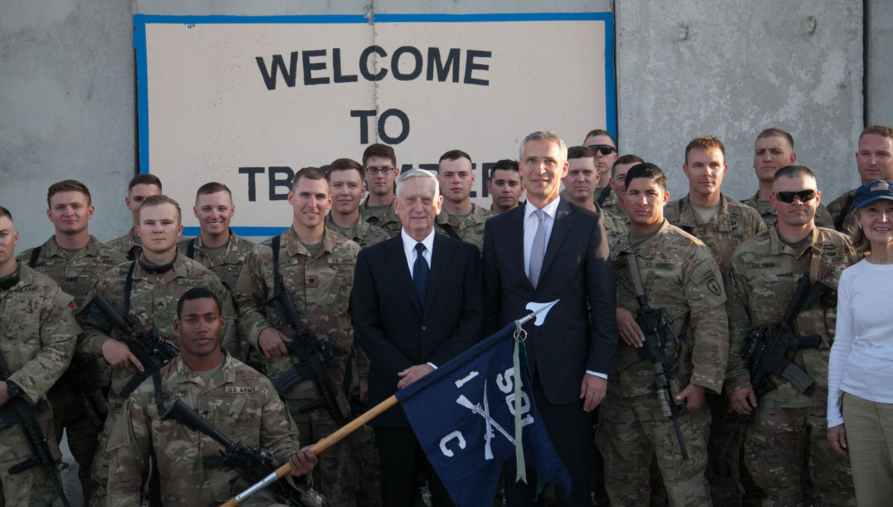 NATO Secretary General Jens Stoltenberg and US Secretary of Defense James Mattis with troops of the TAAC-East (Train, Advise, Assist Command – East) Command at Tactical Base Gamberi