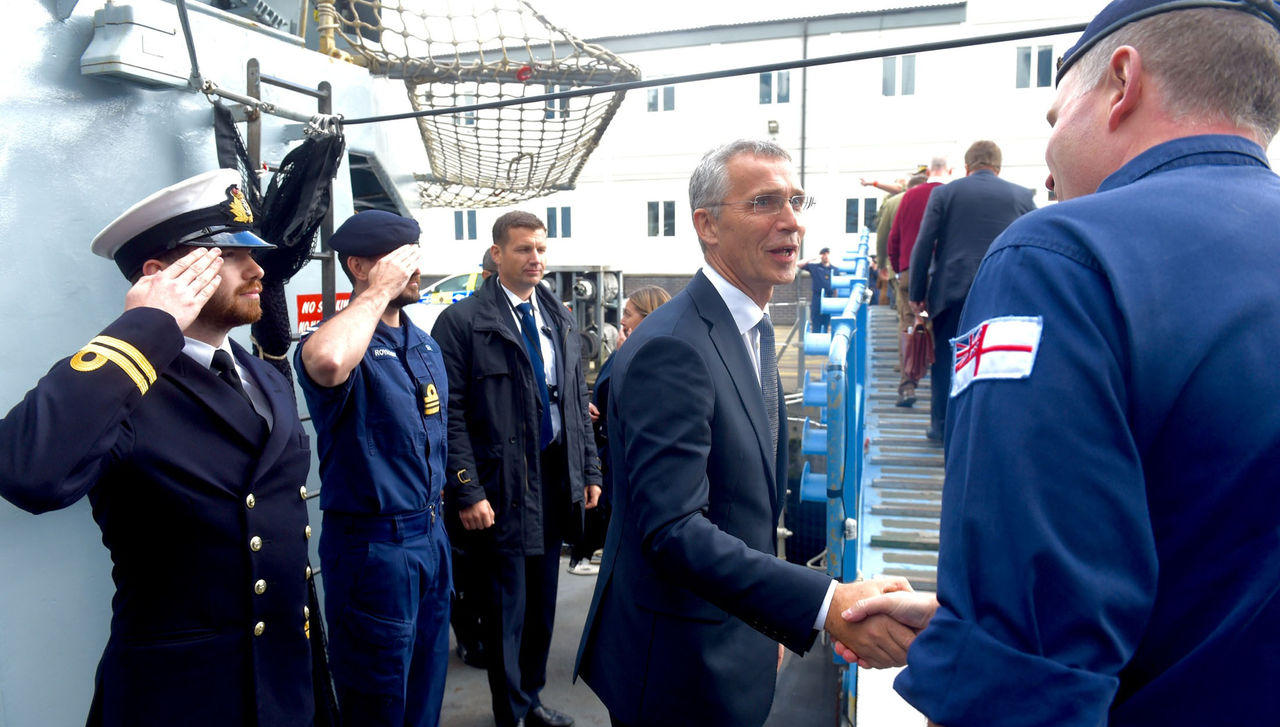 NATO Secretary General Jens Stoltenberg meets with the crew of the HMS Somerset