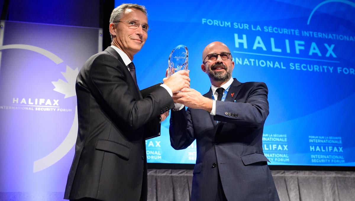 NATO Secretary General Jens Stoltenberg accepts the Halifax Builder Award on behalf of NATO in the margins of the Halifax International Security Forum