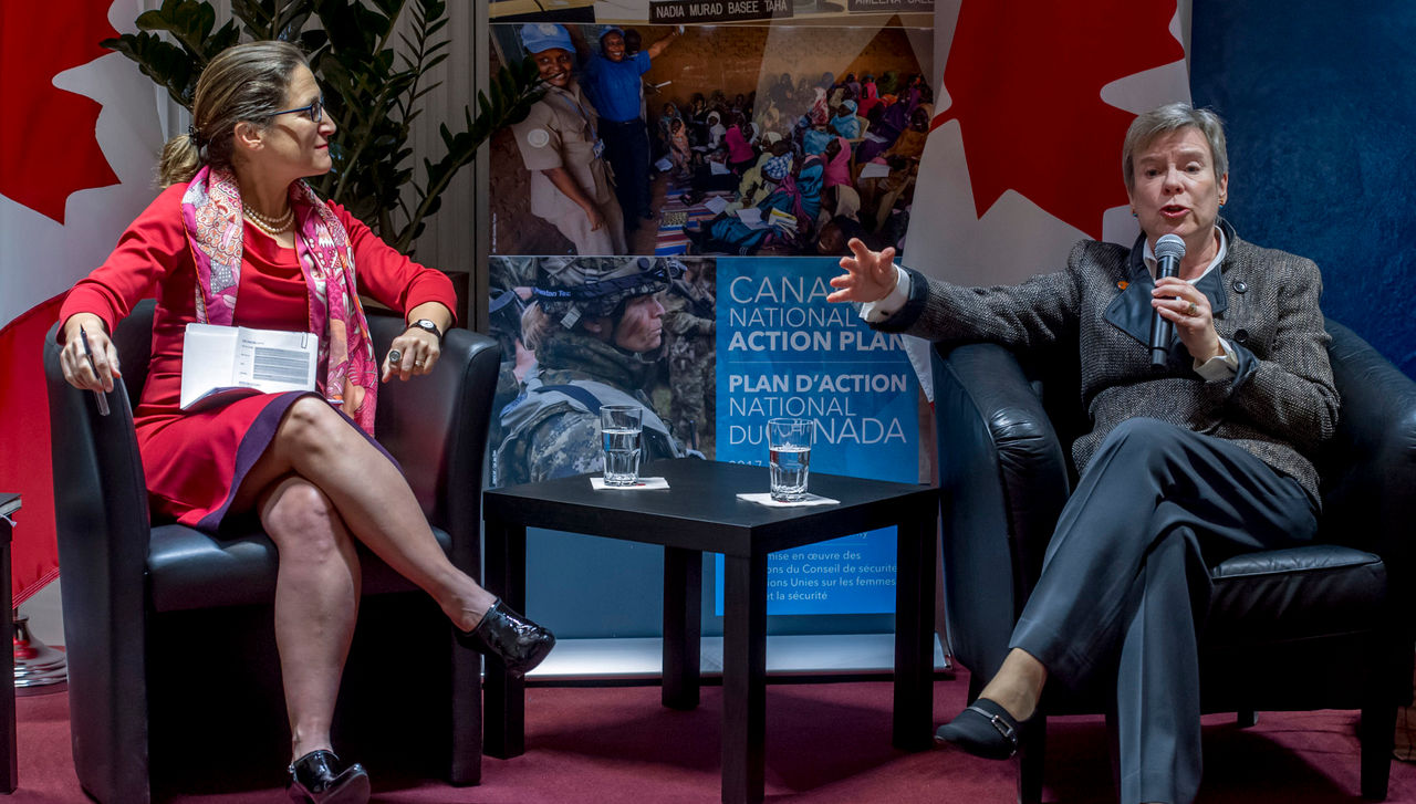 NATO Deputy Secretary General Rose Gottemoeller contributes to a panel discussion about “Women, Peace and Security” during an event organized by the Government of Canada, Women in International Security and the German Marshall Fund. Right: Chrystia Freeland, Minister of Foreign Affairs of Canada