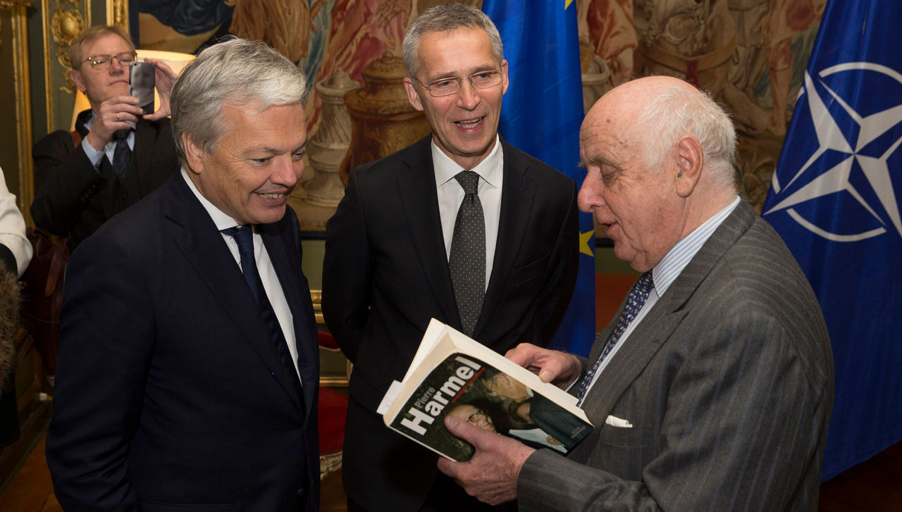 Event at the Egmont Palace in Brussels, organized by the Belgian Ministry of Foreign Affairs to commemorate the 50th anniversary of the publication of the Harmel Report. Didier Reynders, Minister of Foreign Affairs of Belgium with NATO Secretary General Jens Stoltenberg and Count Etienne Davignon, former attache of former Belgian Prime Minister Pierre Harmel