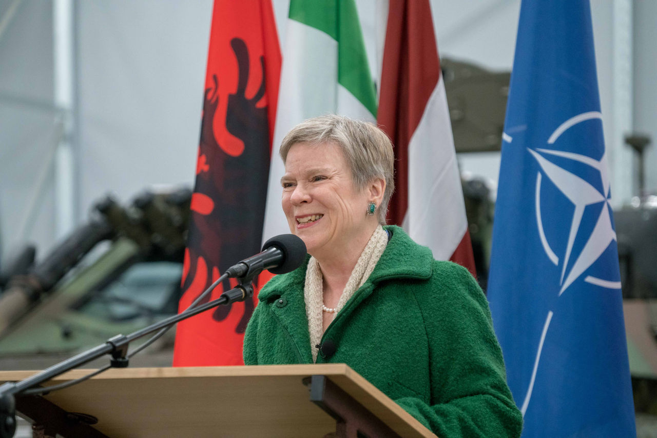 NATO Deputy Secretary General Rose Gottemoeller talks to the troops at Adazi Military Base