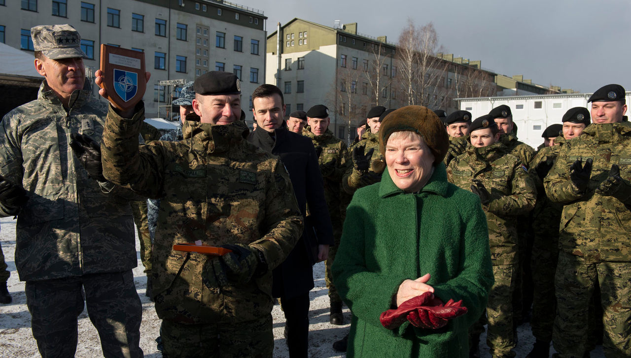 NATO Deputy Secretary General Rose Gottemoeller observes exercise equipment and weapon display and meets with eFP troops