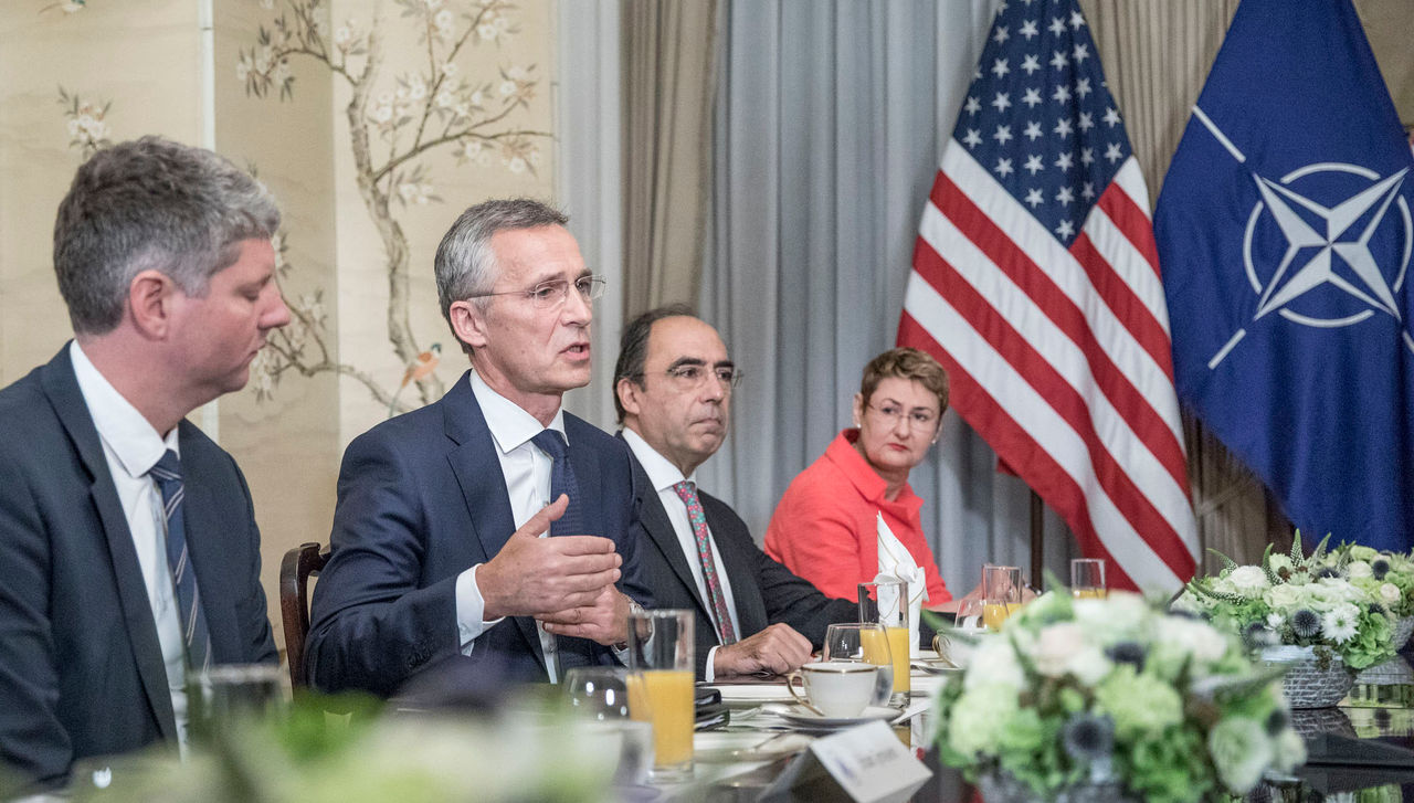 Centre: NATO Secretary General Jens Stoltenberg in a meeting with US President Donald Trump