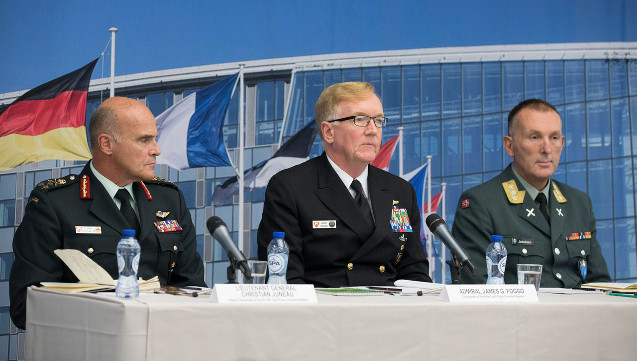 Lieutenant-General Christian Juneau, Deputy Commander of the Allied Joint Force Command in Naples; Admiral James G. Foggo, Commander of the Allied Joint Force Command in Naples and Lieutenant General Rune Jakobsen, Commander of the Norwegian Joint Headquarters in Bodo, Norway