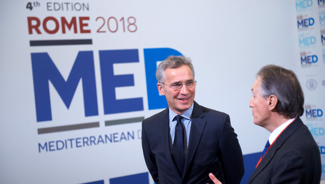 NATO Secretary General Jens Stoltenberg and Claudio Bisgogniero, NATO Permanent Representative for Italy at the Rome 2018 Mediterranean Dialogues Conference in Rome