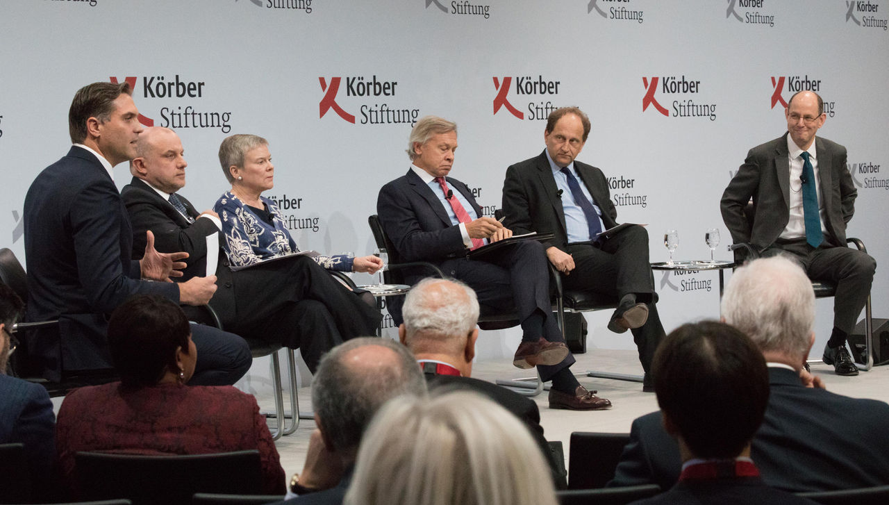 NATO Deputy Secretary General Rose Gottemoeller taking part in a panel discussion "Russia Going Global? Prospects for Engagement" at the Berlin Foreign Policy Forum 2018 organised by the Koerber Foundation. Left to right: Frederik Pleitgen (CNN, Moderator);  Juri Luik (Minister of Defence of Estonia); NATO Deputy Secretary General Rose Gottemoeller; Aleksey Pushkov (Chairman of the Committee on Information and Media in the Russian Parliament); Alexander Graf Lambsdorff (Deputy Chairman, FDP Parliamentary Group, German Bundestag) and Philip Barton (Foreign and Commonwealth Office, UK)