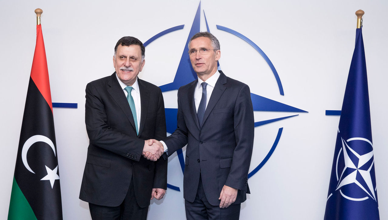 NATO Secretary General Jens Stoltenberg meets with the Chairman of the Presidential Council of Libya and Prime Minister of the Government of National Accord of Libya, Faiez M. Serrag