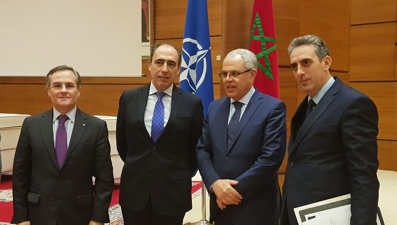 (from left to right) NATO's Head of Middle East and North Africa Section, Mr Nicola de Santis, NATO Assistant Secretary General for Political Affairs and Security Policy Ambassador Alejandro Alvargonzalez, Minister Delegate in Charge of the Administration of Defence of Morocco Mr Abdellatif, and Director of Global Affairs at the Moroccan Ministry of Foreign Affairs and International Cooperation Mr Ismael Chekkori