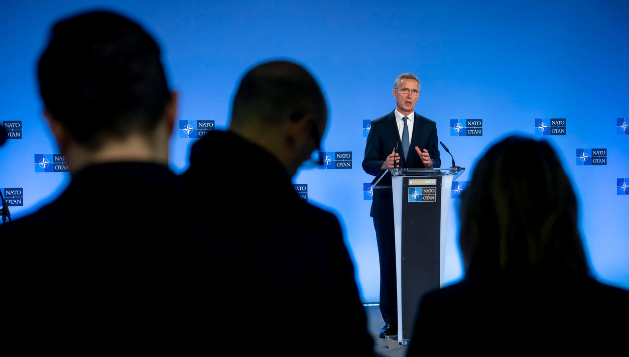NATO Secretary General Jens Stoltenberg holds a press point to brief the media in his capacity as Chairman of the NATO-Russia Council.