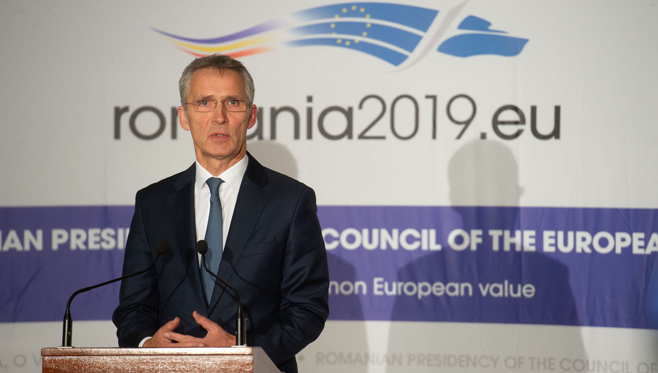 NATO Secretary General Jens Stoltenberg attending a working dinner at the European Union Defence Ministers meeting hosted by the Romanian Presidency of the European Union Council in Bucharest
