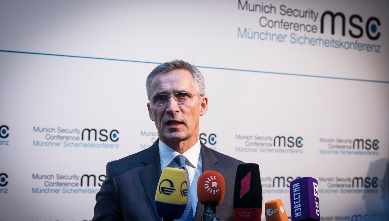 NATO Secretary General Jens Stoltenberg delivers a doorstep statement at the start of the Munich Security Conference