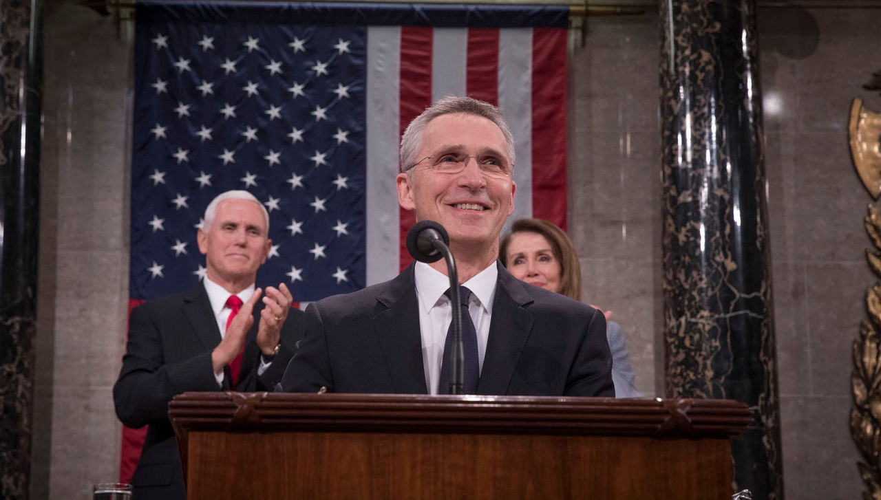 US Vice President Mike Pence, Speaker of the US House of Representatives Nancy Pelosi and NATO Secretary General Jens Stoltenberg