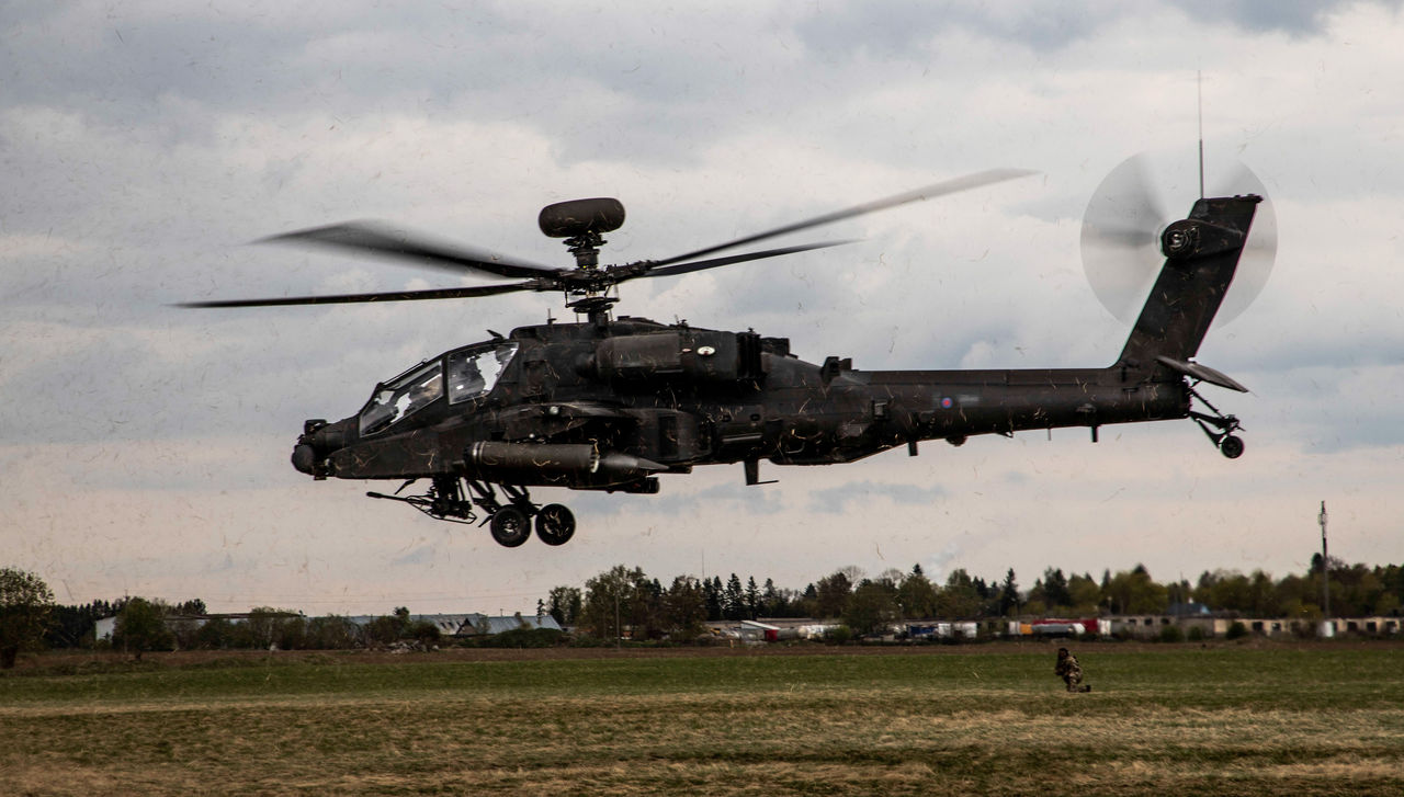 A British Army Apache AH1 attack helicopter lifts off during Spring Storm 19, Estonia's largest annual military exercise. Roughly 9,000 soldiers from Estonia, other NATO Allies and partner nations have gathered near the town of Jõhvi to engage in a collective defence exercise, strengthening their ability to work together in times of crisis. The exercise runs from 29 April until 10 May.