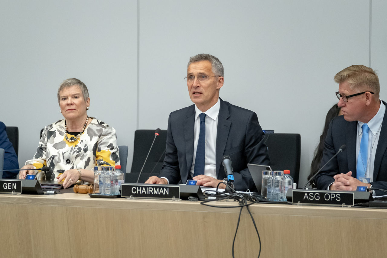 NATO Deputy Secretary General Rose Gottemoeller; NATO Secretary General Jens Stoltenberg and John Manza, NATO Assistant Secretary General for Operations