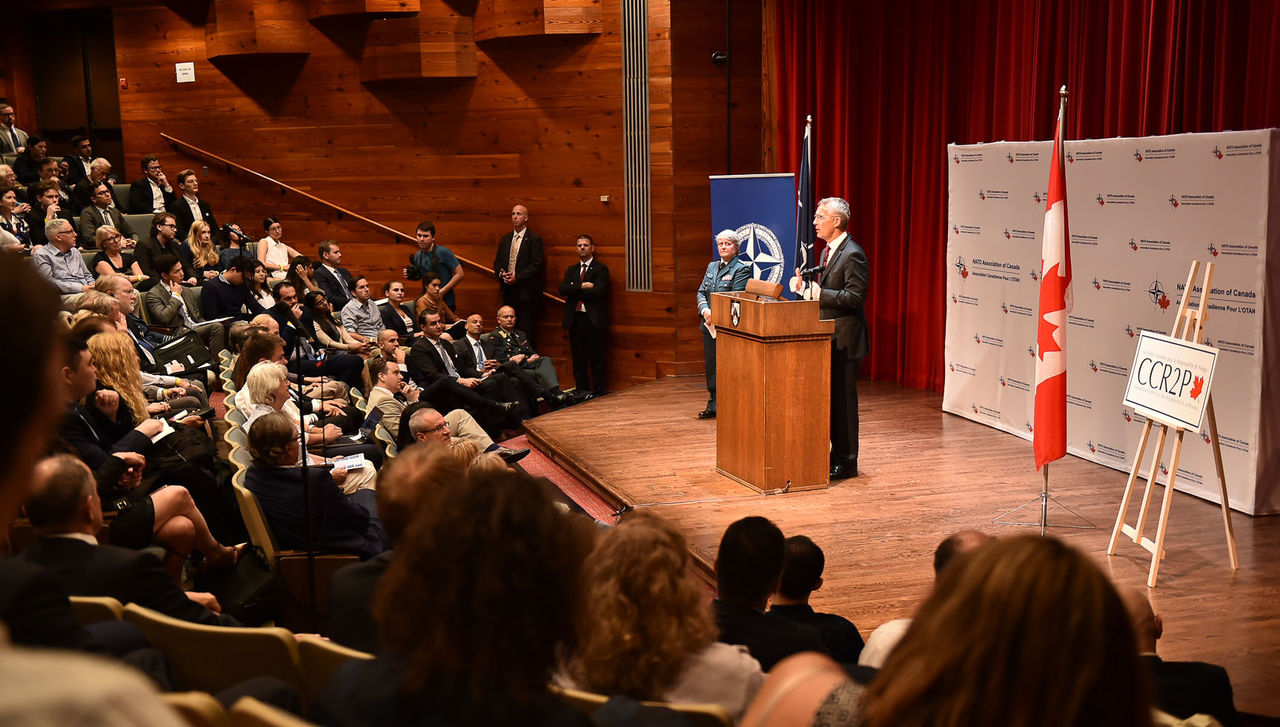 NATO Secretary General Jens Stoltenberg delivering a speech at the Massey College, University of Toronto