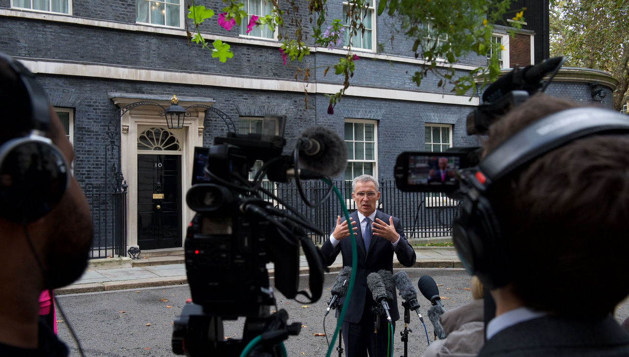 Doorstep by NATO Secretary General Jens Stoltenberg outside Downing Street Number 10