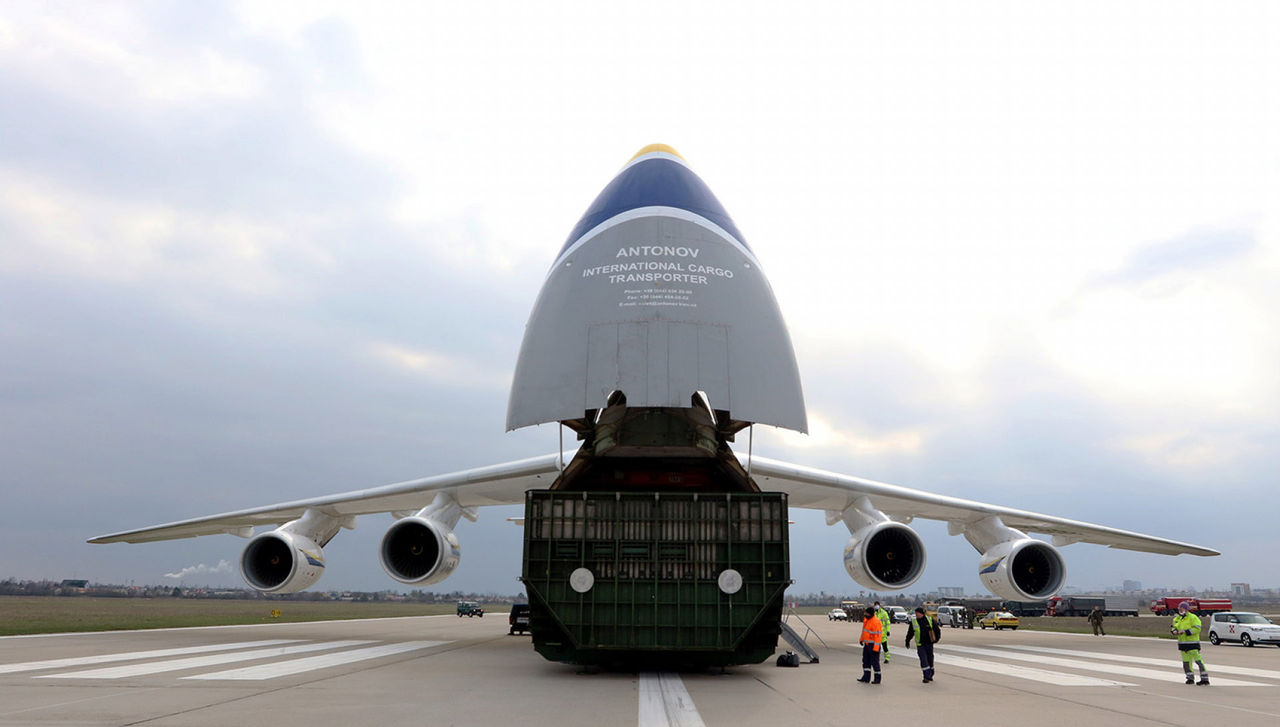 An Antonov AN-124 plane arrives at Bratislava airport with 48 tons of medical material to combat the effects of the coronavirus pandemic na d is unloaded bu Slovak soldiers. (The cargo aircraft is part of the NATO managed  Strategic Airlift International Solution (SALIS) programme)