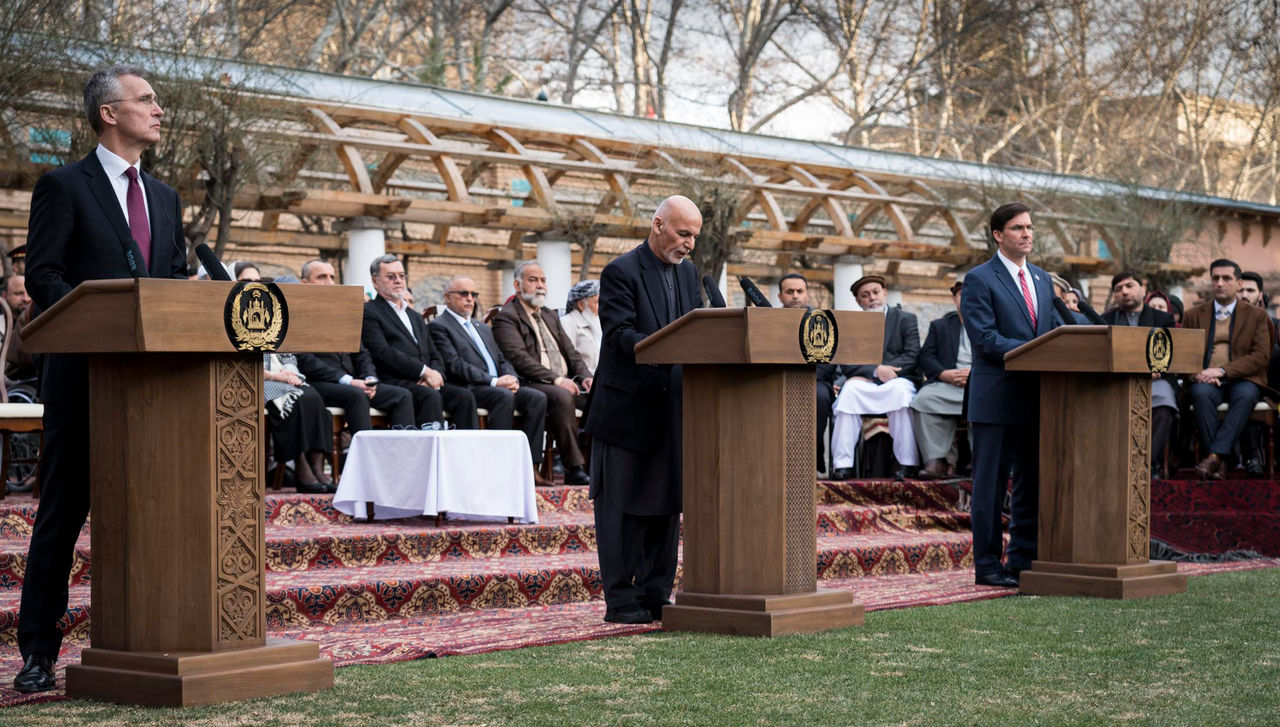 NATO Secretary General Jens Stoltenberg, Afghan President Ashraf Ghani and the US Secretary of Defense Mark Esper at the Ceremony marking the Joint Declaration between the United States and the Islamic Republic of Afghanistan and signature of an agreement between the United States and the Taliban
