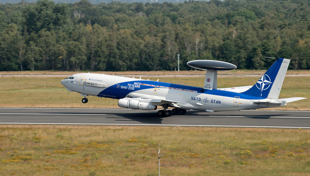 NATO AWACS aircraft is on its way to an airshow in Estonia with a special decal on its fuselage celebrating the Alliance 70th anniversary - July 2019