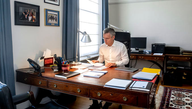 Jens Stoltenberg, NATO Secretary General, working from home, during the Covid19 crisis.