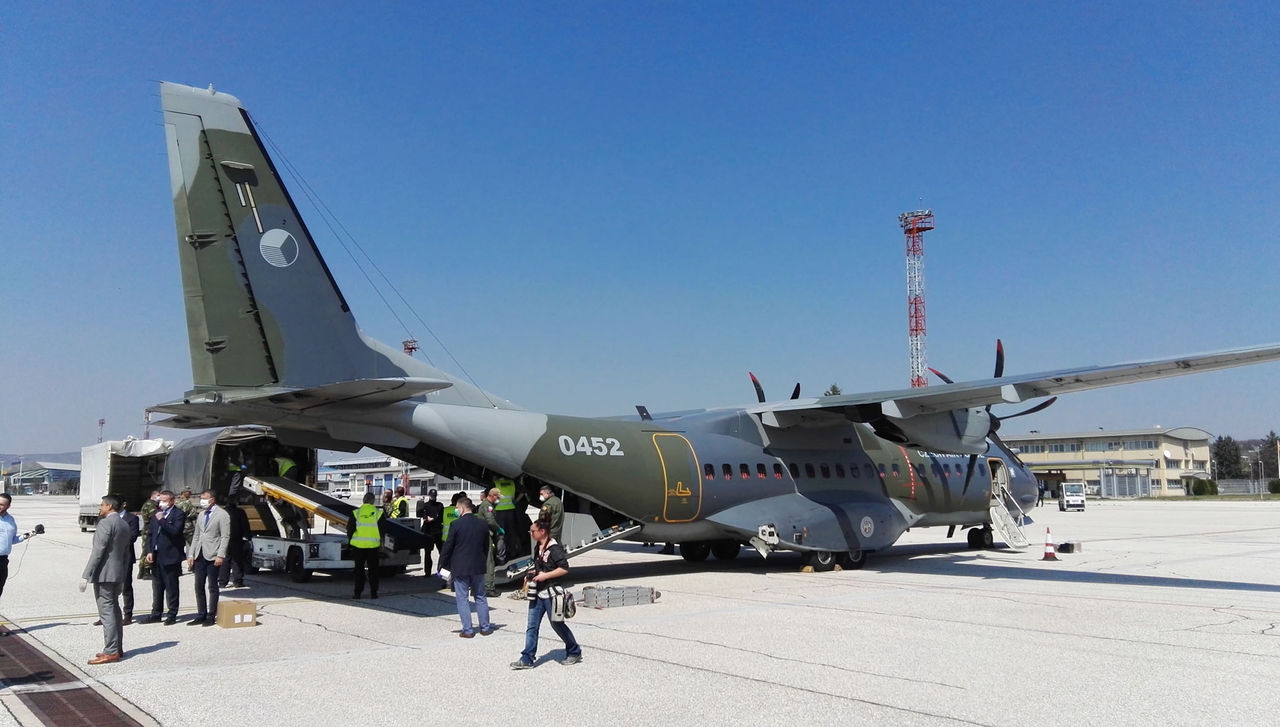 Military transport aircraft CASA of the Czech Army transporting 1,000,000 masks to North Macedonia, in response to the COVID-19 outbreak. 