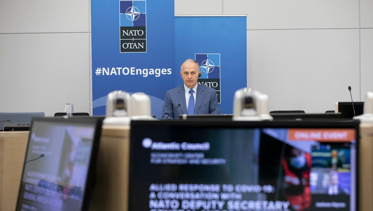 NATO Deputy Secretary General Mircea Geoană speaking at a town hall meeting via video link.