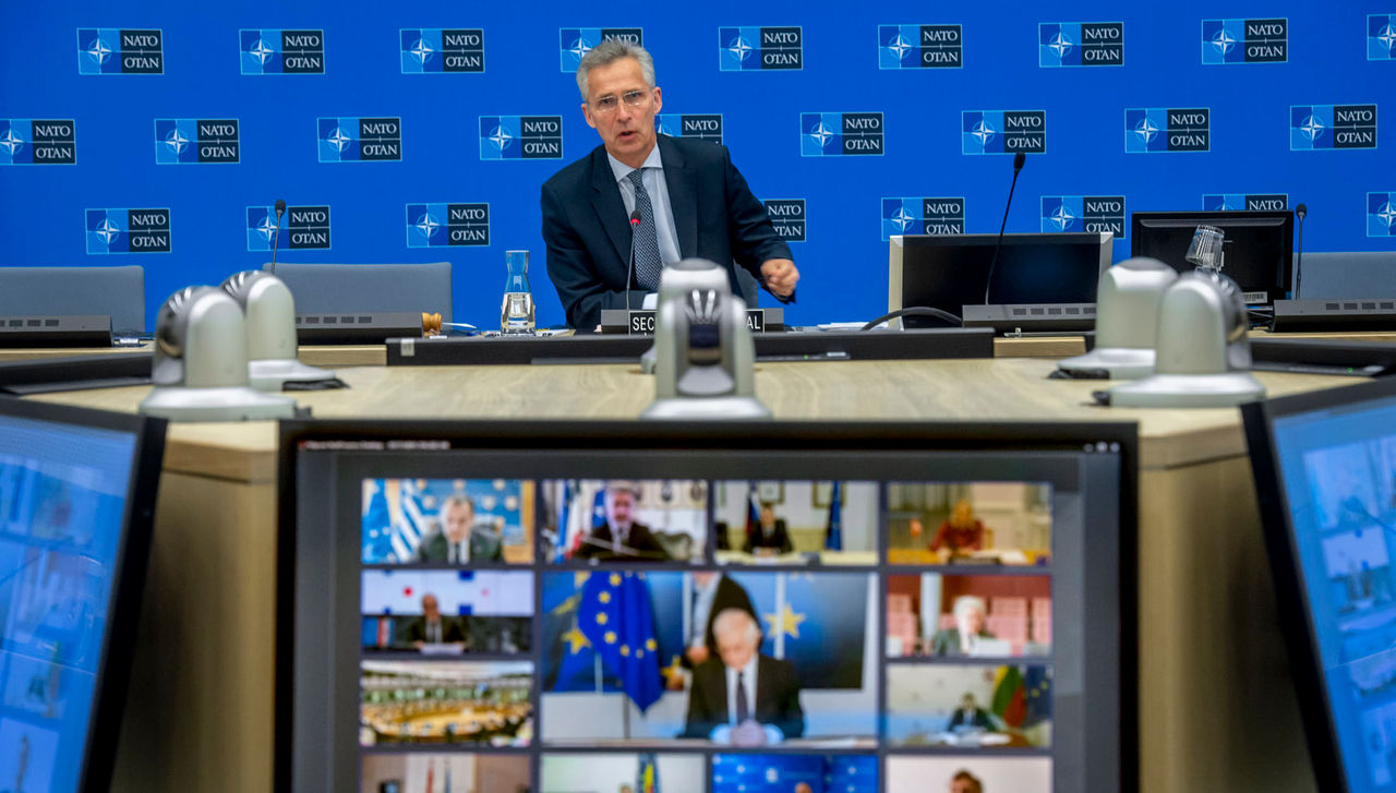 Jens Stoltenberg, NATO Secretary General, addressing the EU Council of  Defence Ministers.