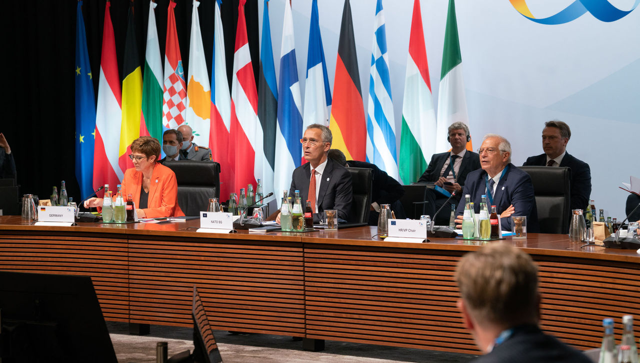 German Minister of Defence Annegret Kramp-Karrenbauer, NATO Secretary General Jens Stoltenberg and EU High Representative Josep Borrell at the informal meeting of Defence Ministers of the European Union