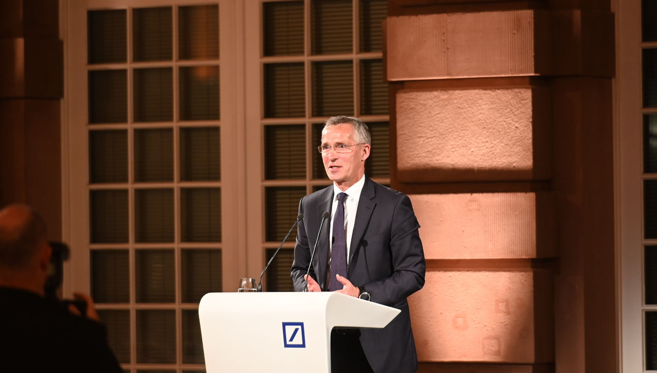 NATO Secretary General Jens Stoltenberg delivers his keynote speech at the Arthur F. Burns Fellowship Alumni Dinner in Berlin, Germany