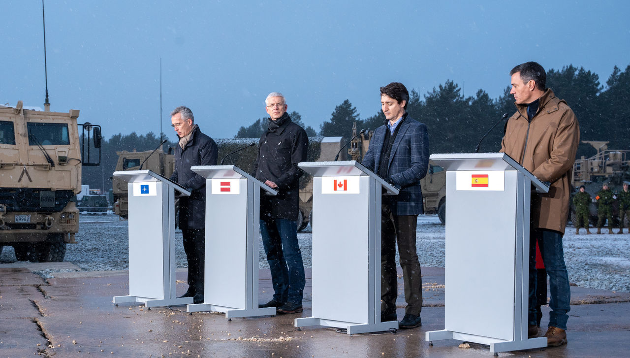 Press conference with NATO Secretary General Jens Stoltenberg, the Prime Minister of Latvia, Krišjānis Kariņš, the Prime Minister of Canada, Justin Trudeau, the Minister of Defence of Canada, Anita Anand and the President of the Government of Spain, Pedro Sánchez
