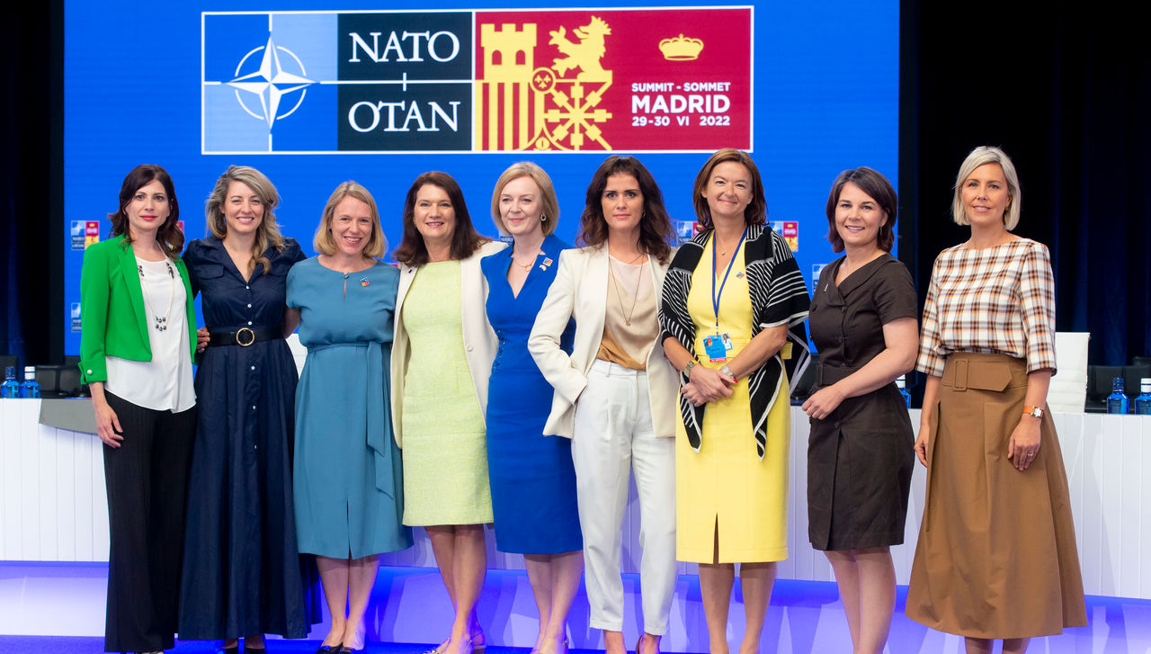 NATO Secretary General's Special Representative for Women, Peace and Security is Irene Fellin with Mélanie Joly (Minister of Foreign Affairs, Canada); Anniken Huitfeldt (Minister of Foreign Affairs, Norway); Ann Linde (Minister of Foreign Affairs, Sweden); Liz Truss (Secretary of State, United Kingdom); Thórdís Kolbrún Reykfjörd Gylfadóttir (Minister for Foreign Affairs, Iceland); Tanja Fajon (Minister of Foreign Affairs, Slovenia); Annalena Baerbock (Minister of Foreign Affairs, Germany) and Ludivine Dedonder (Minister of Defence, Belgium)