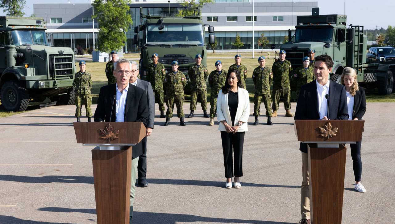NATO Secretary General Jens Stoltenberg and the Prime Minister of Canada Justin Trudeau during their press conference at the Royal Canadian Air Force base in Cold Lake.