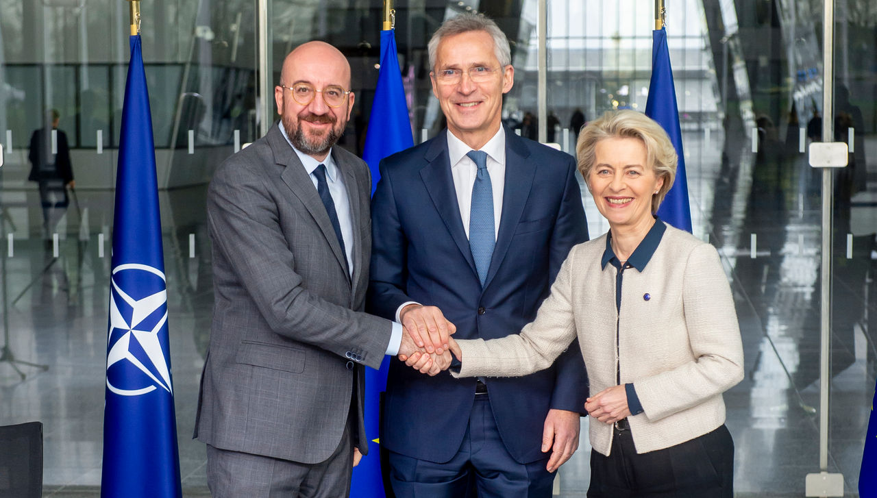 NATO Secretary General Jens Stoltenberg, the President of the European Council, Charles Michel, and the President of the European Commission, Ursula von der Leyen following the signing of  the Joint Declaration on NATO-EU Cooperation