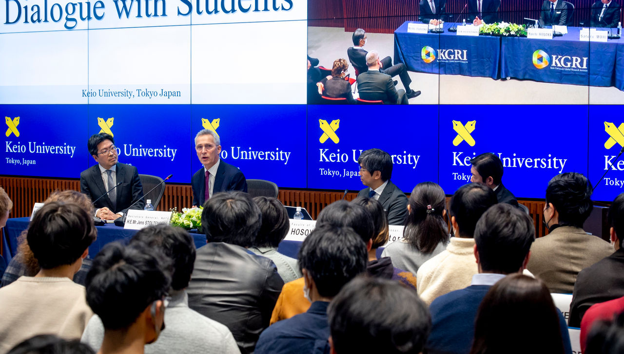 Visit of Jens Stoltenberg, Secretary General of NATO to Japan. Panel discussion at the Keio University with Prof. Dr. Yuichi Hosaya, Prof. Dr. Satoru Mori and Prof. Dr. Michito Tsuruoka.